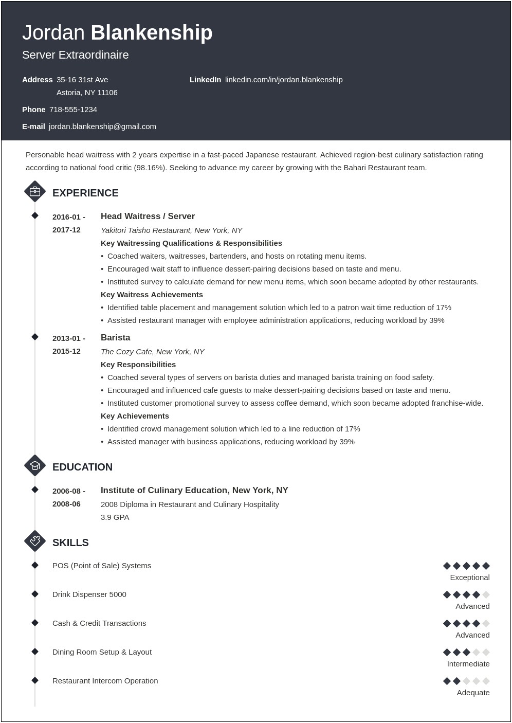 Skills For Resume Examples For Food Service