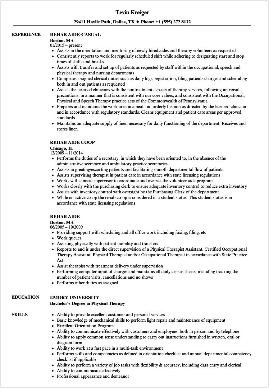 Skills For Resume For Physical Therapy Aide
