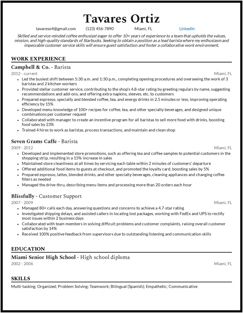 Skills From Being A Barista For Resume