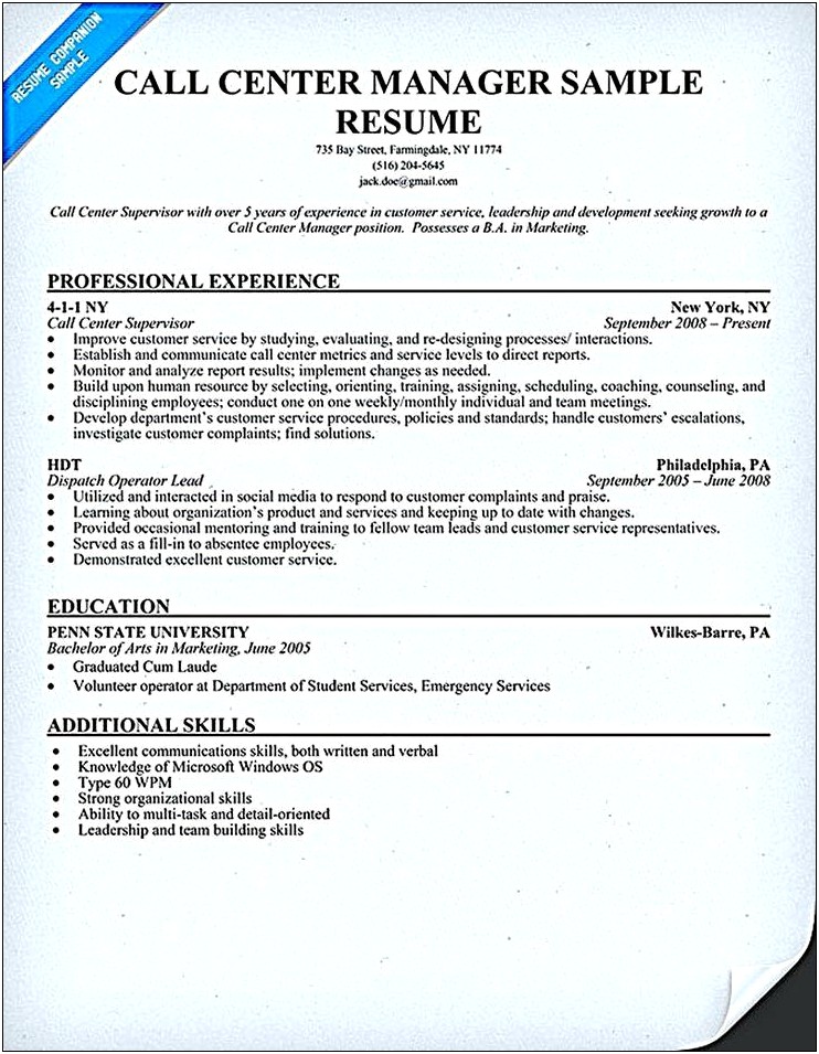 Skills Gained From Call Center For Resume