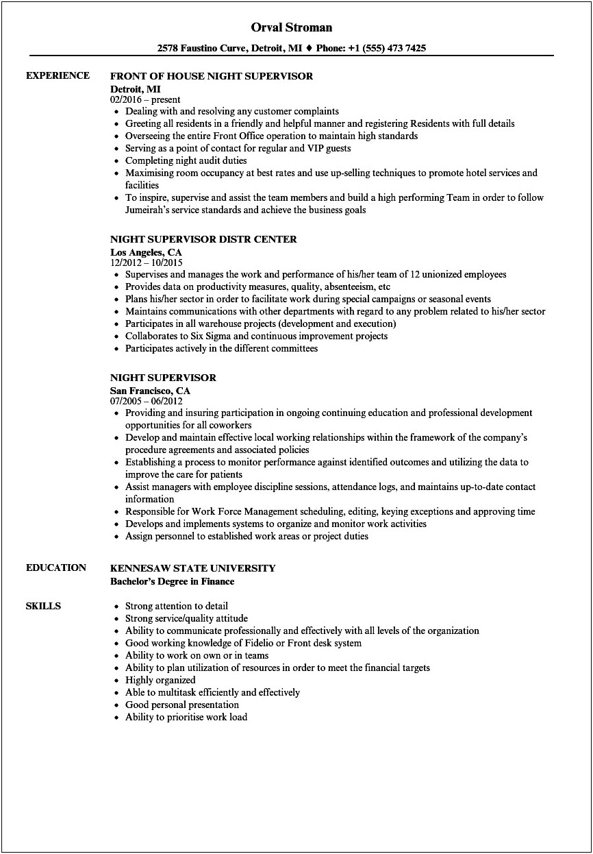 Skills In Resume For Working In Night Stock