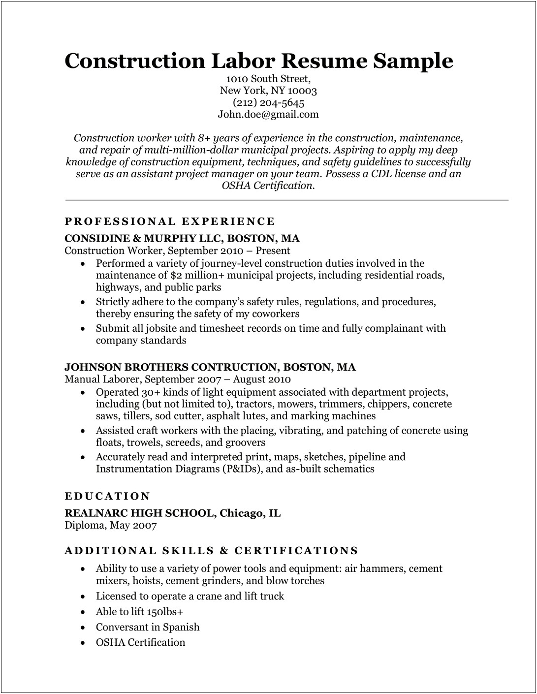 Skills Of A Construction Worker Resume