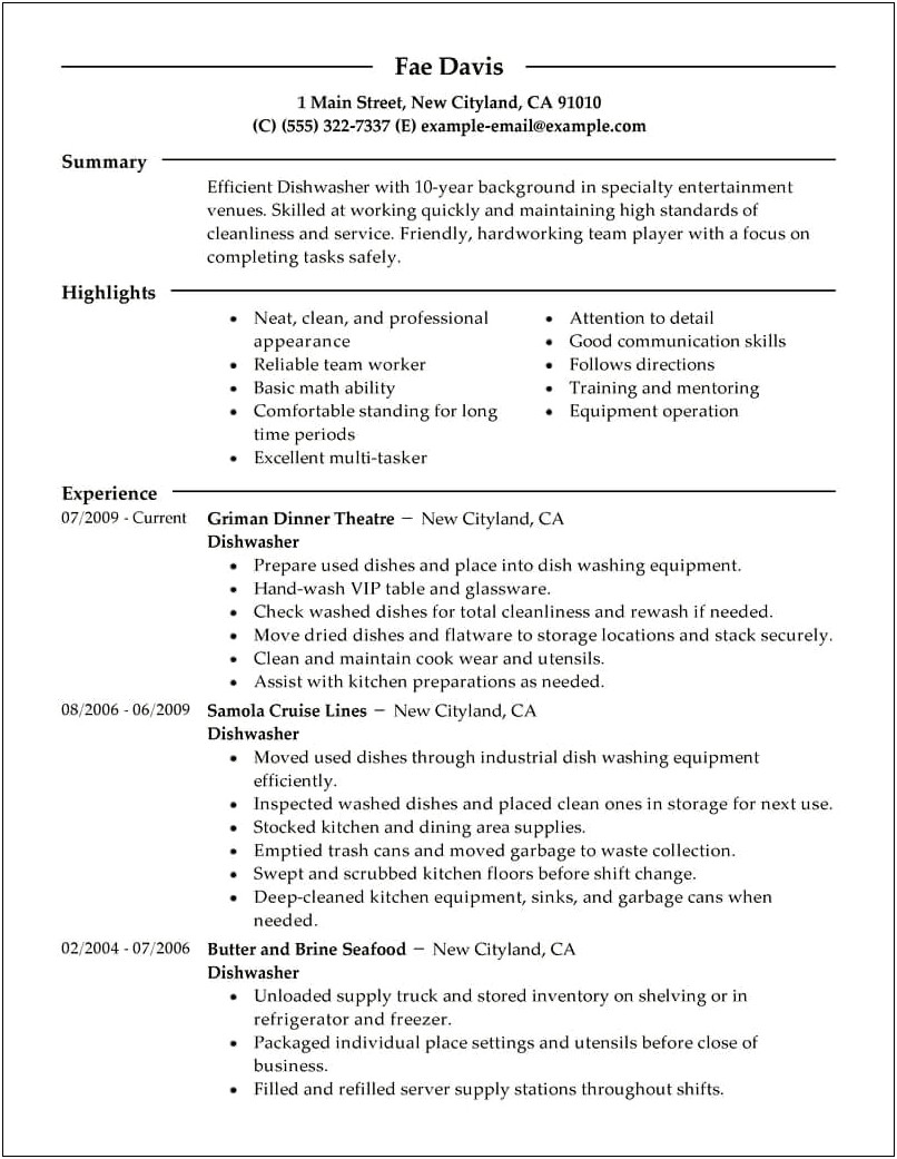Skills Of A Dishwasher For A Resume