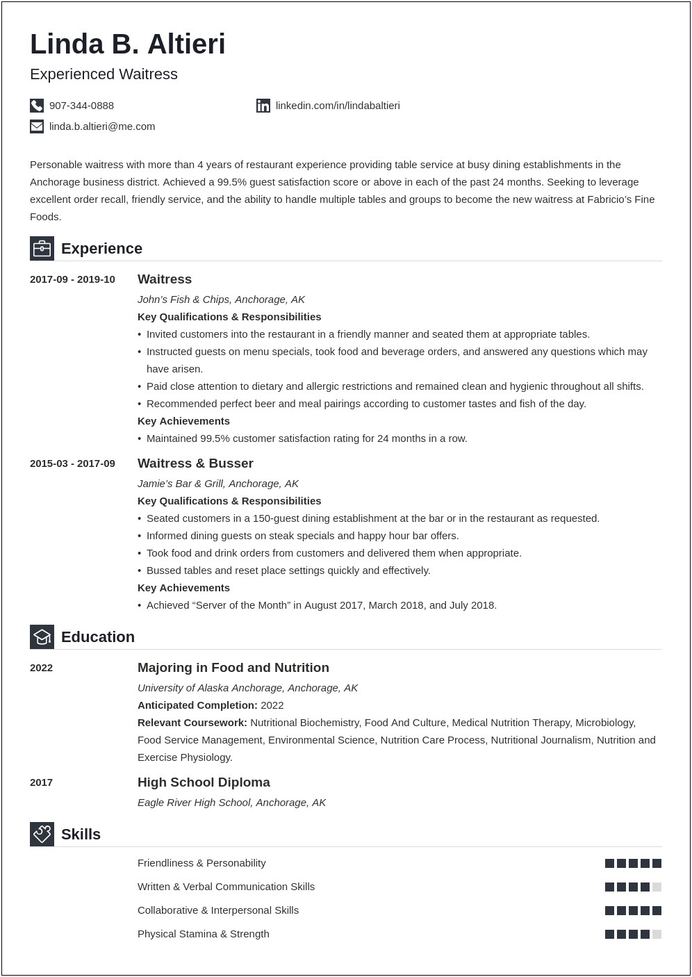 Skills Of A Hostess For A Resume
