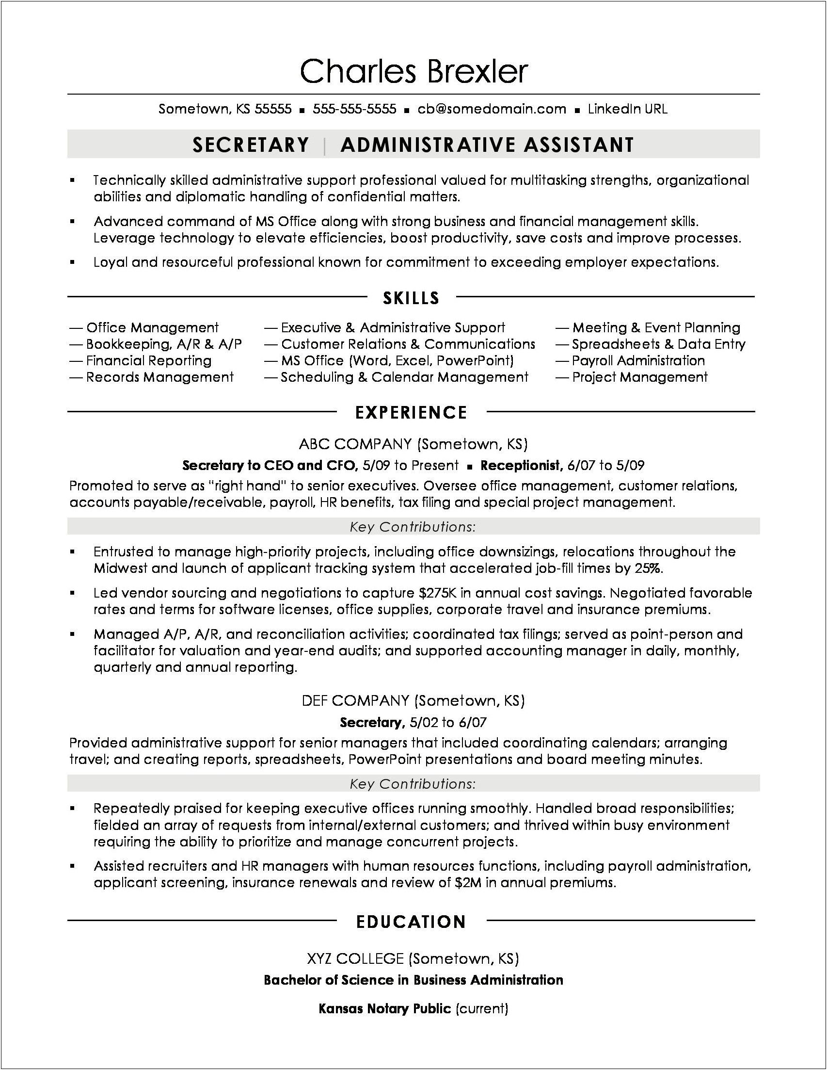 Skills Of Secretary On A Resume Description