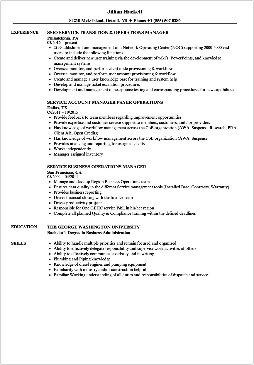 Skills On Resume For Service Manager