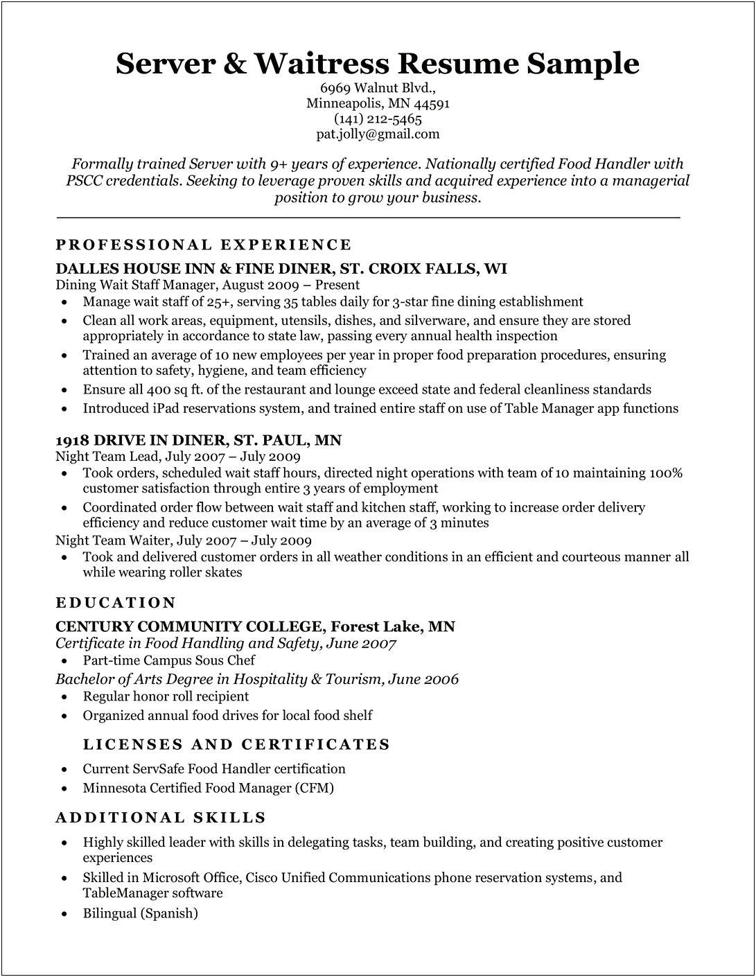 Skills Required For Food Service Resume