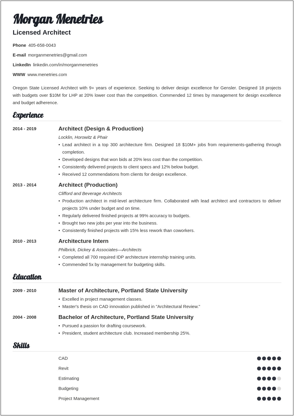 Skills Sectio On Resume For Architecture