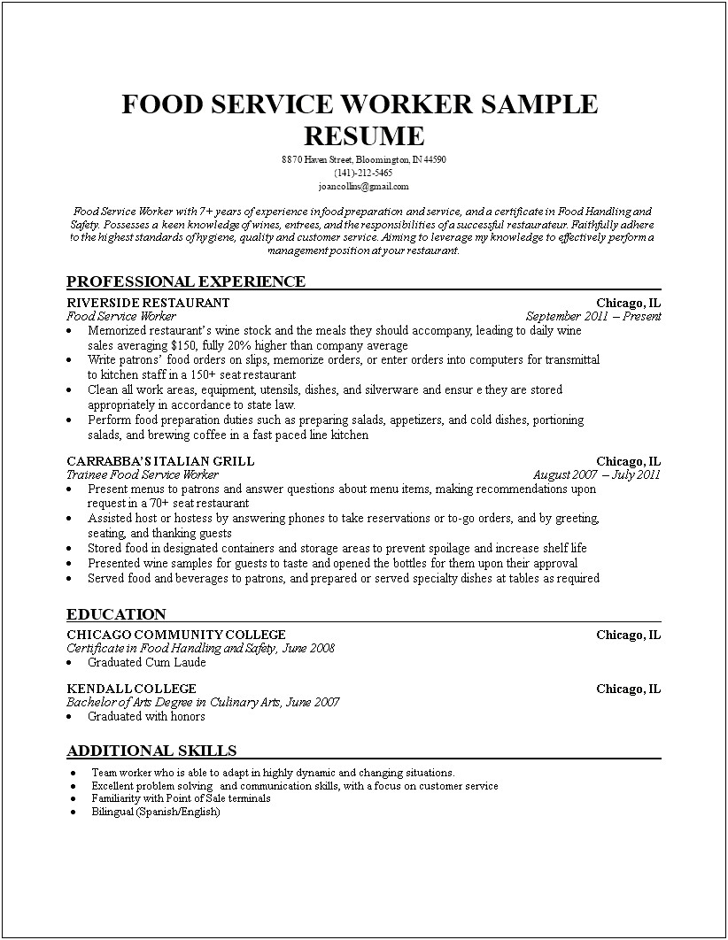 Skills Section Of Resume Food Service