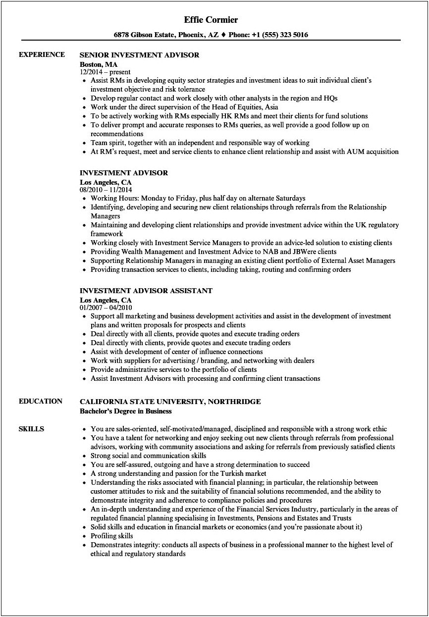 Skills Section Of Resume For Financial Advisor