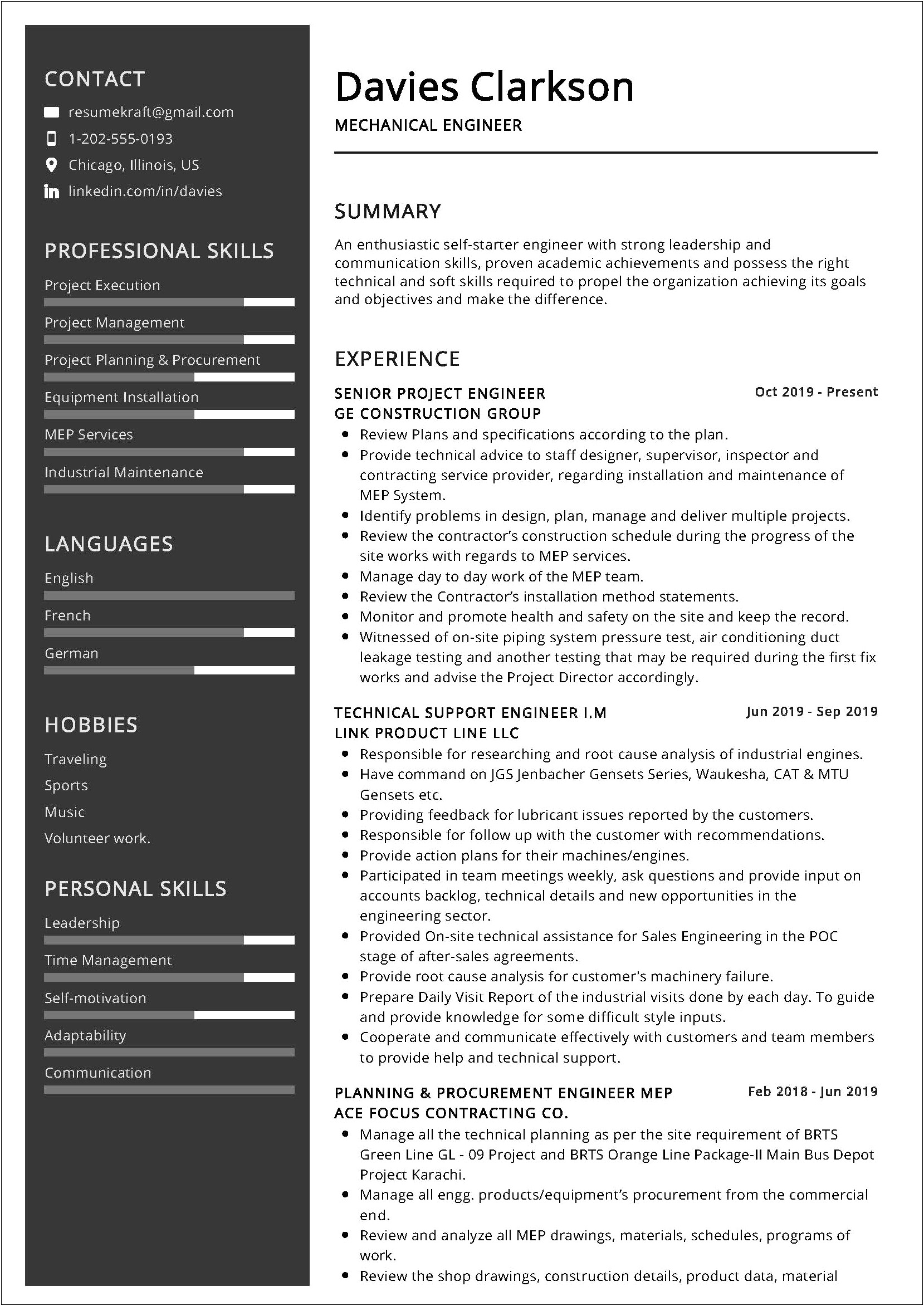 Skills Section Of Resume Mechanical Aenginer