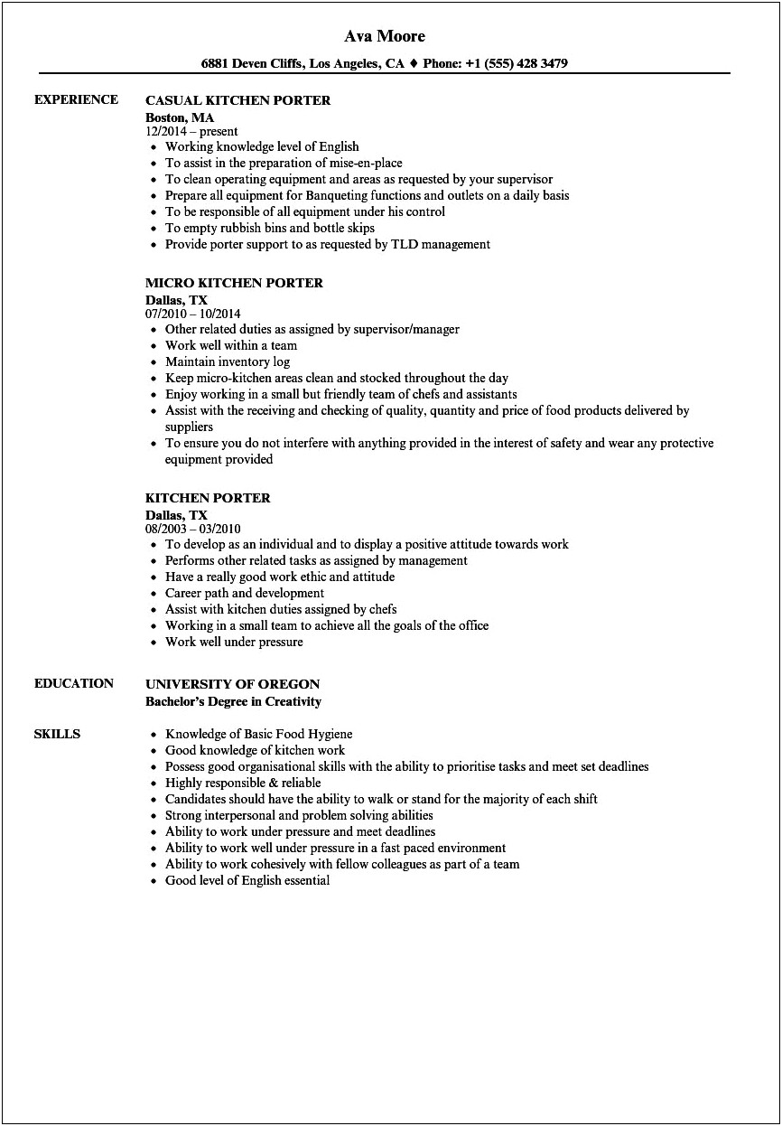 Skills Summary As A Porter For A Resume