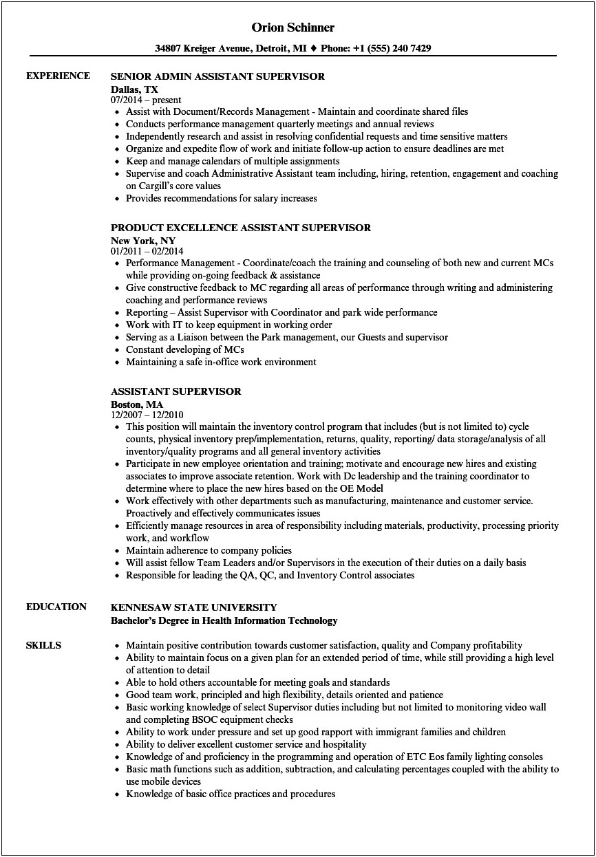 Skills To Be A Supervisor For Resume
