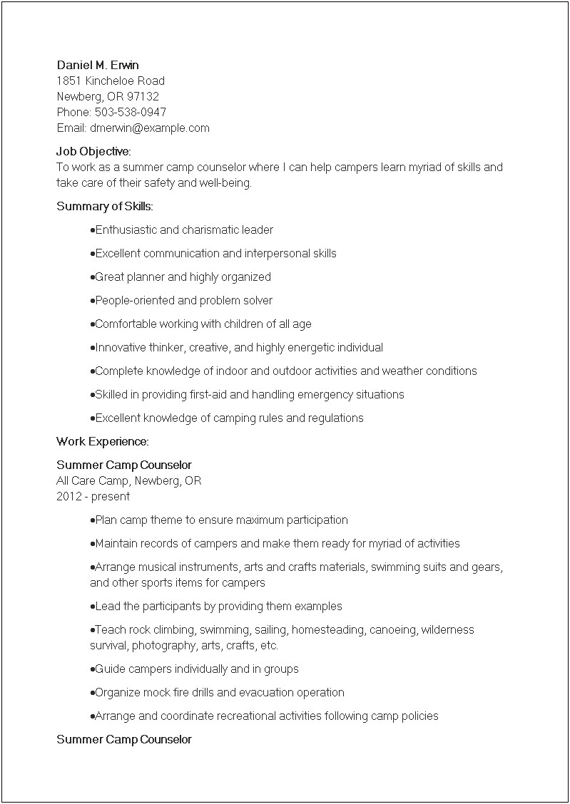 Skills To List On Resume For Camp Guide