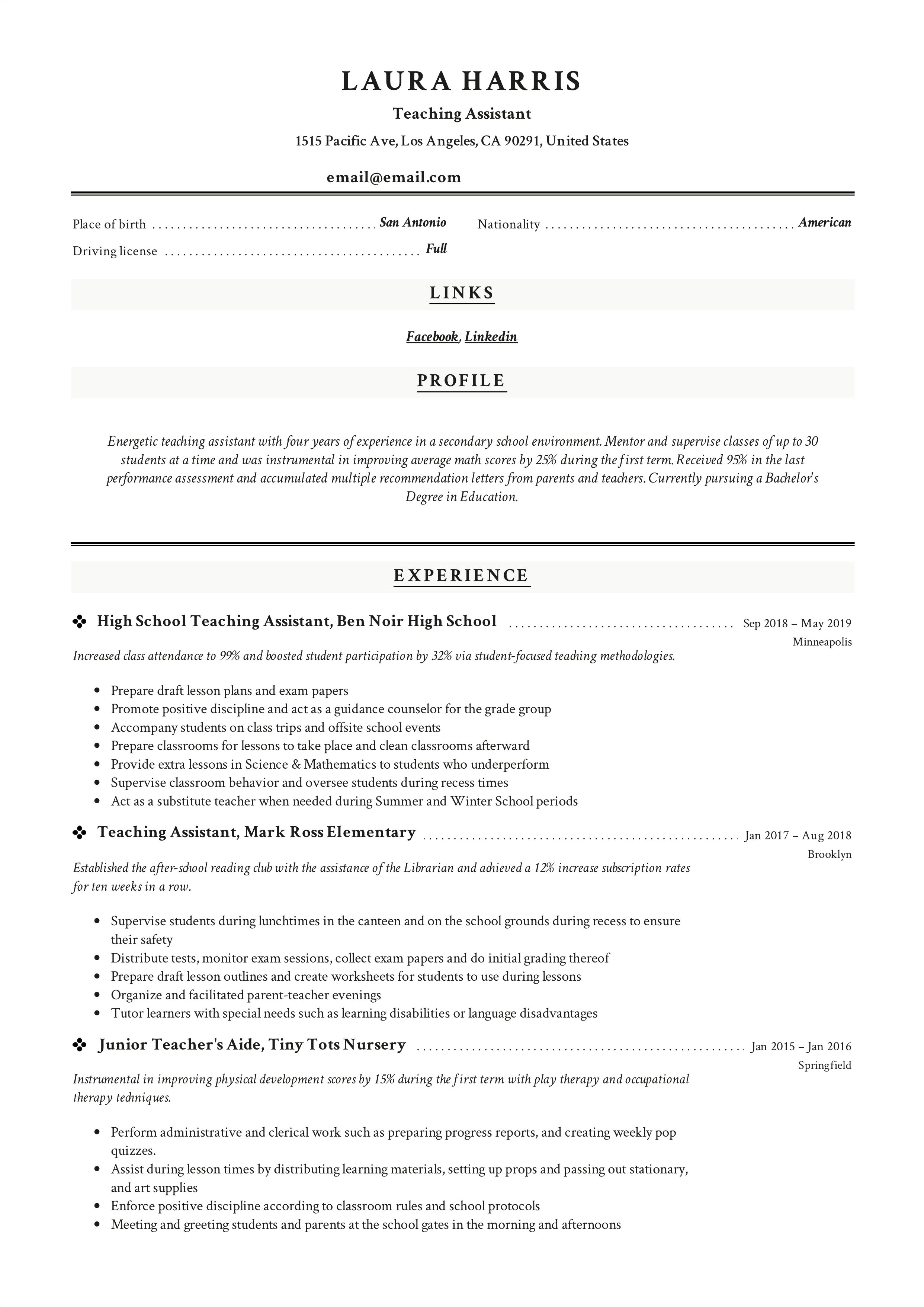 Skills To Put On Resume For Teacher Assistant