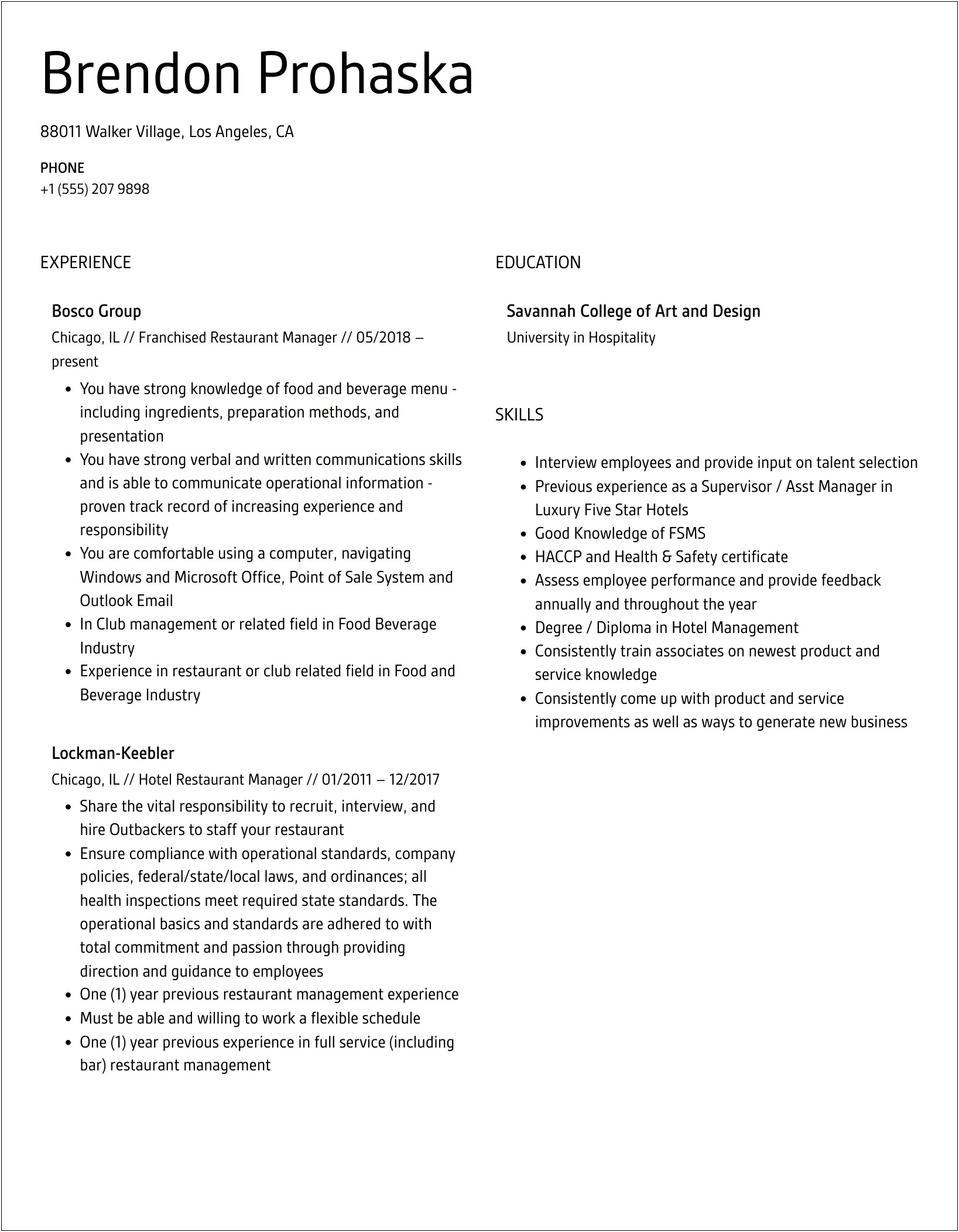 Small Restaurant Manager Duties For Resume