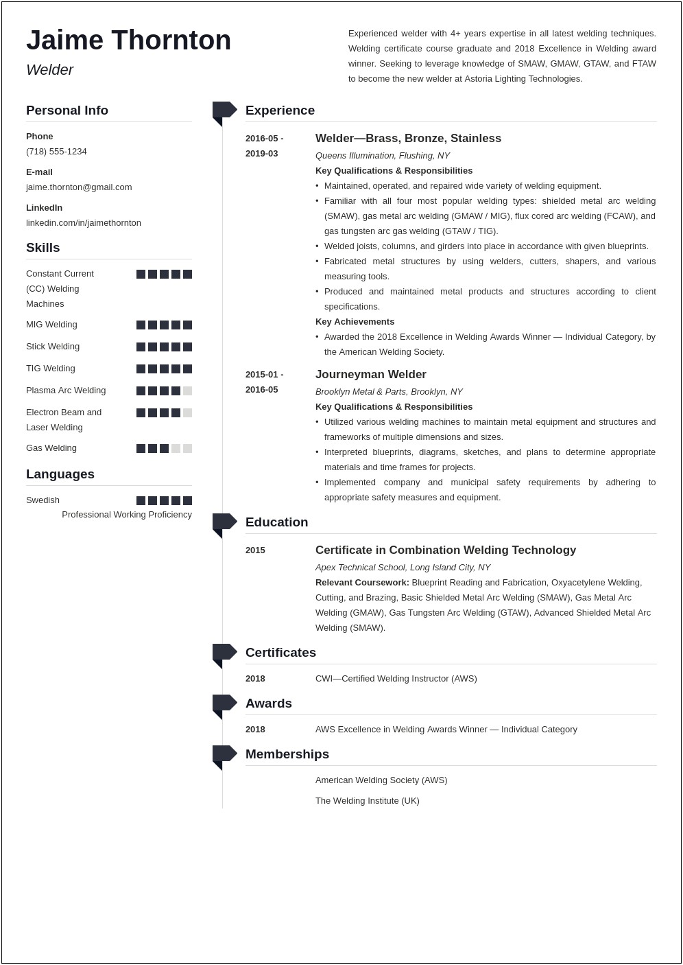 Smaw Welder Job Description For Resume