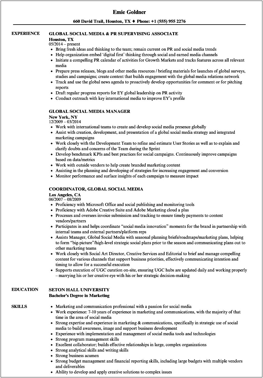 Social Media Manger Job Description For Resume