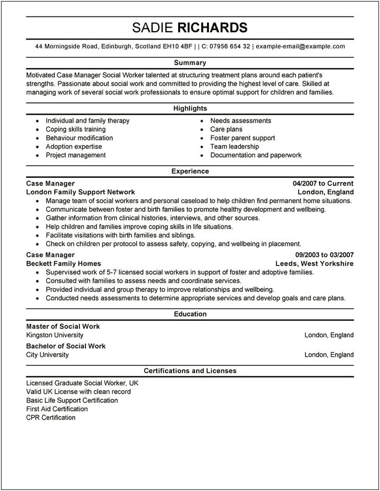 Social Services Case Manager Sample Resume