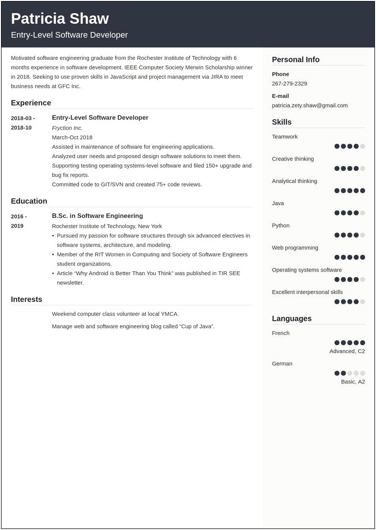 Softare Engineer Entry Level Resume Examples