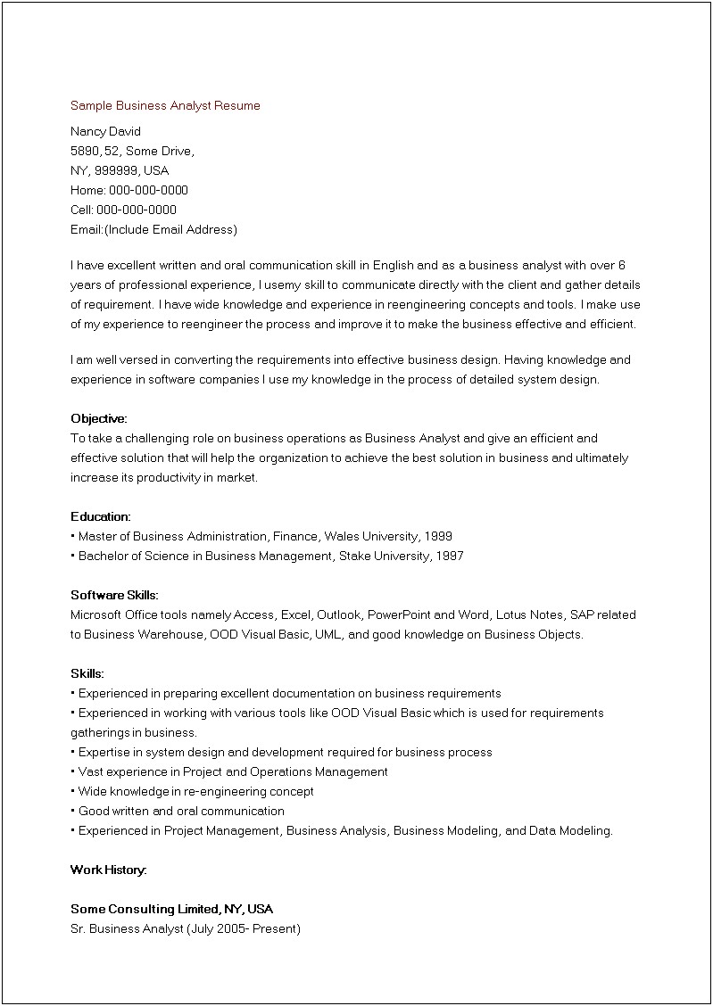 Software Business Analyst Job Description In Resume
