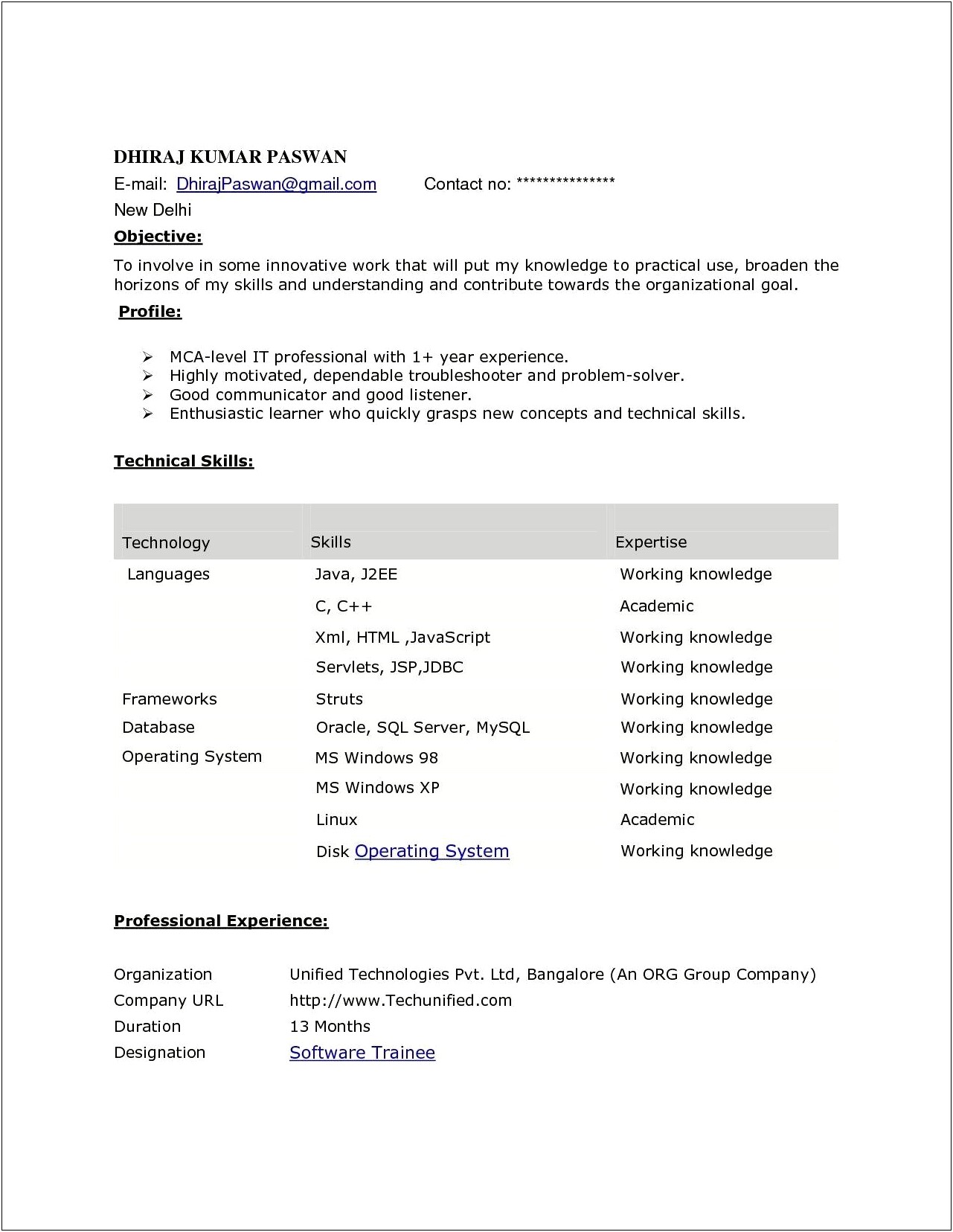 Software Developer 1 Year Experience Resume