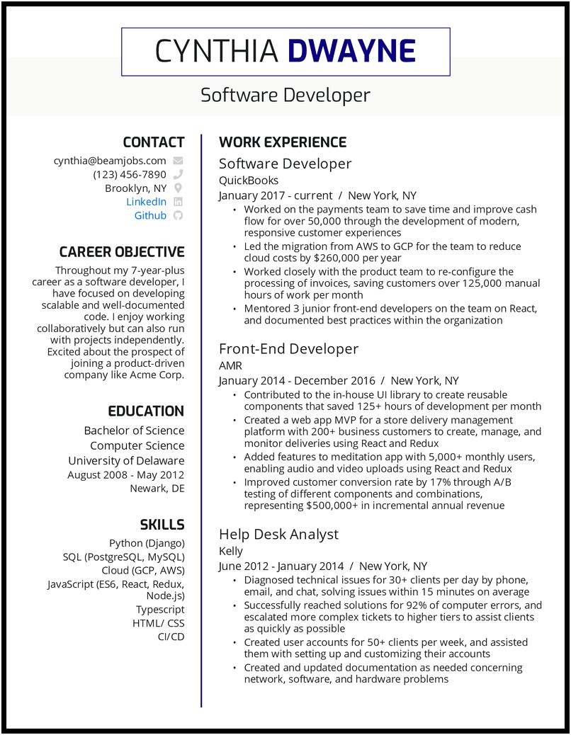 Software Developer Resume Example No Degree