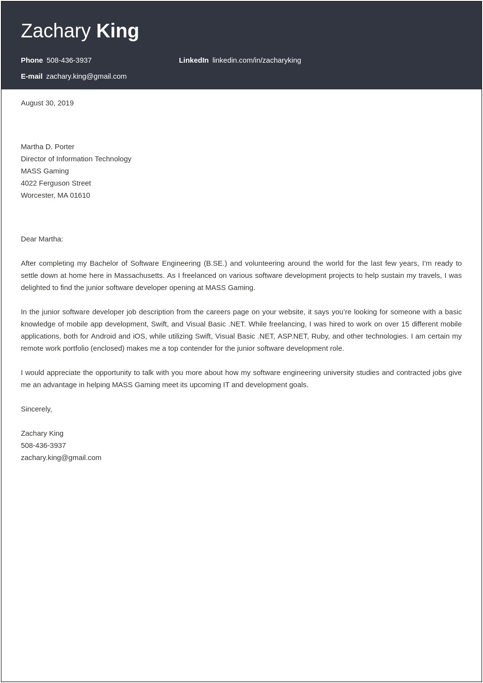 Software Engineer Cover Letter For Resume
