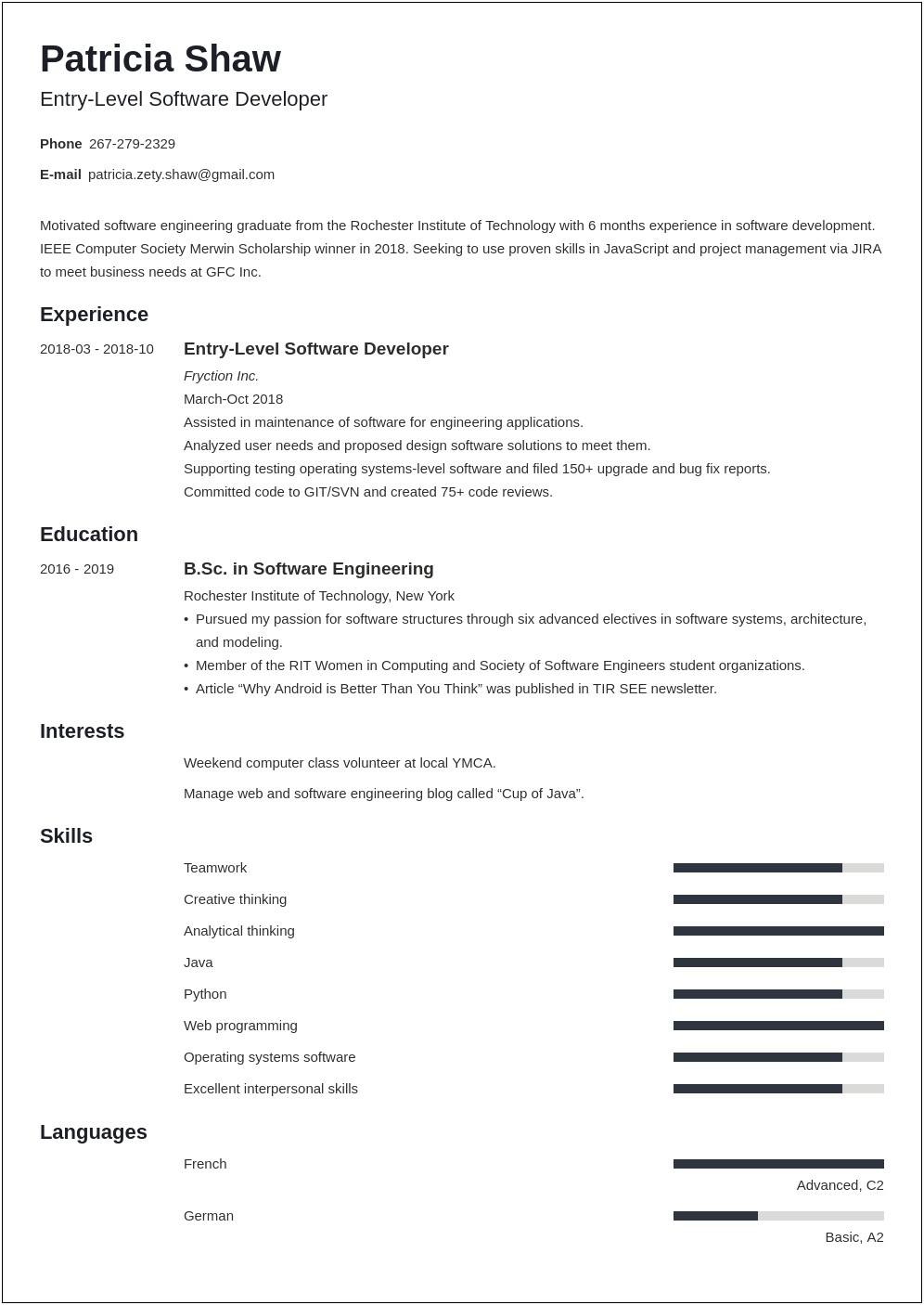 Software Engineer Entry Level Resume Examples