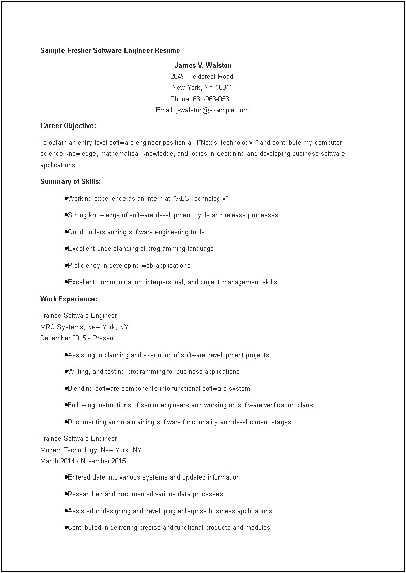 Software Engineer Entry Level Resume Sample