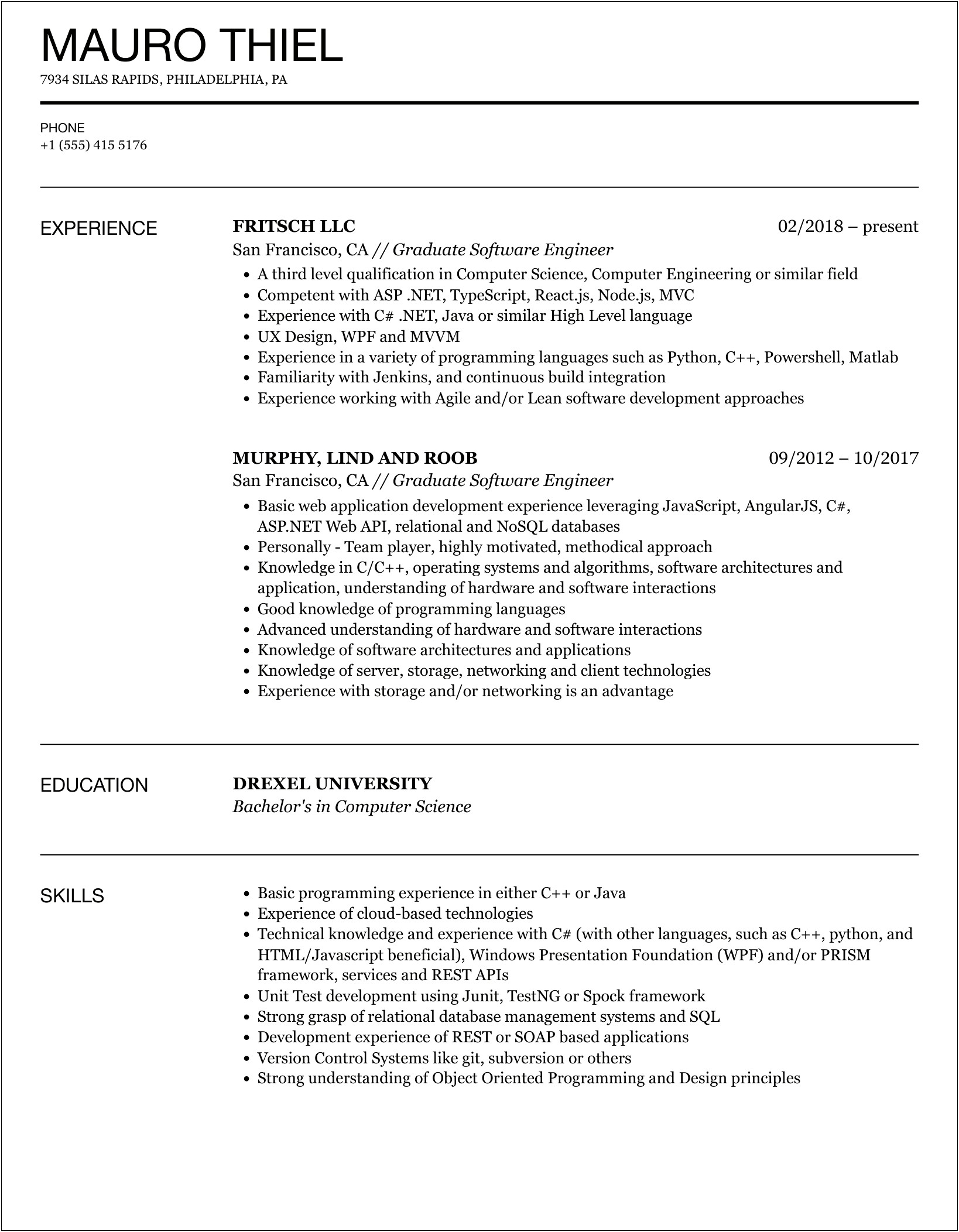 Software Engineer Resume Examples New Grad