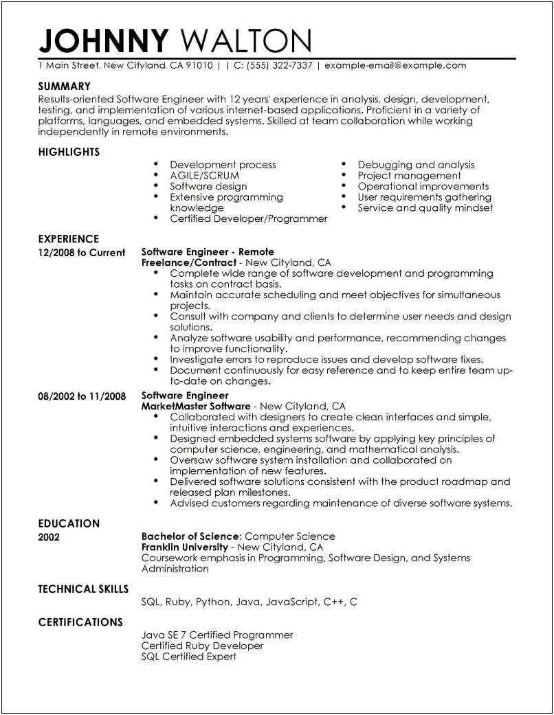Software Engineer Sample Resume No Experience
