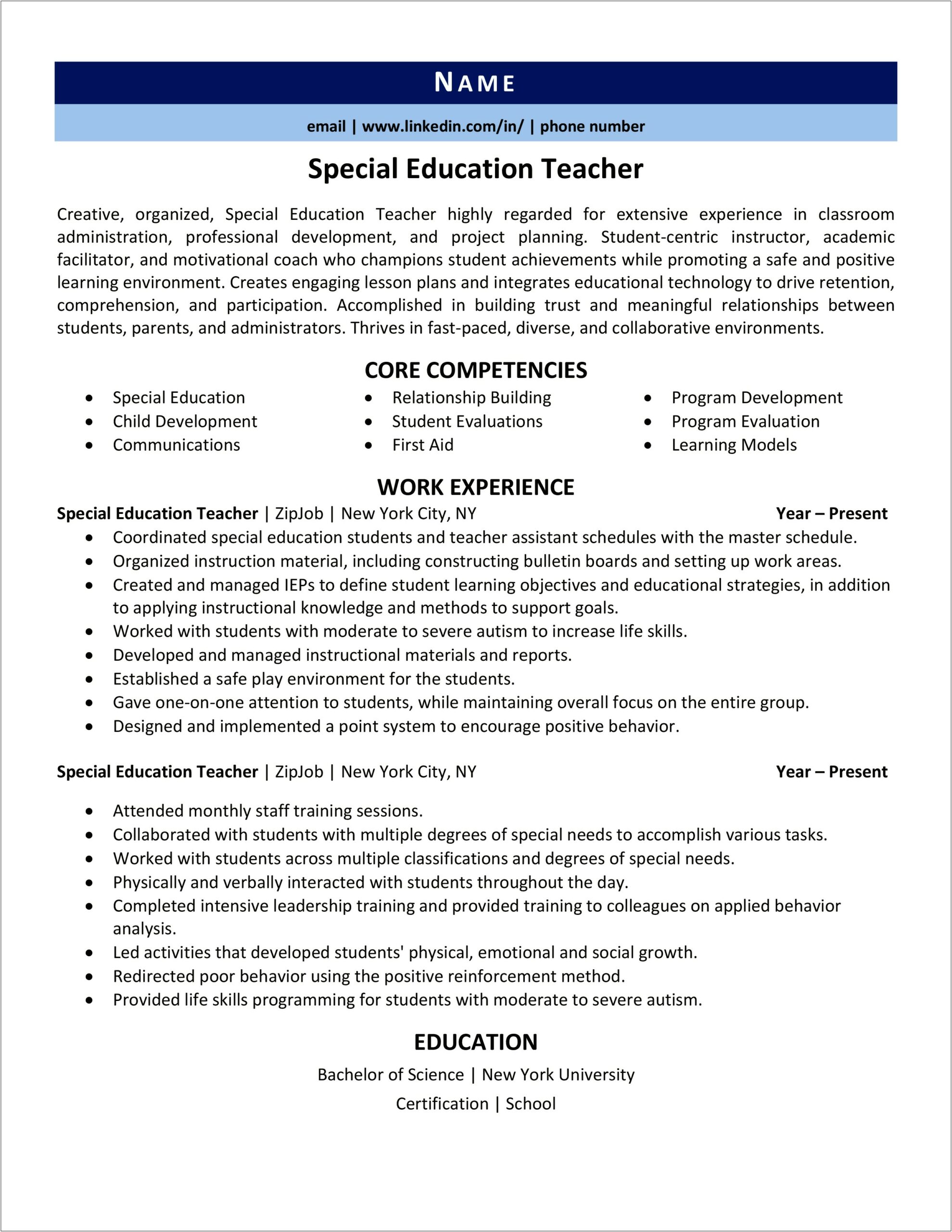 Special Education Teacher Summary For Resume