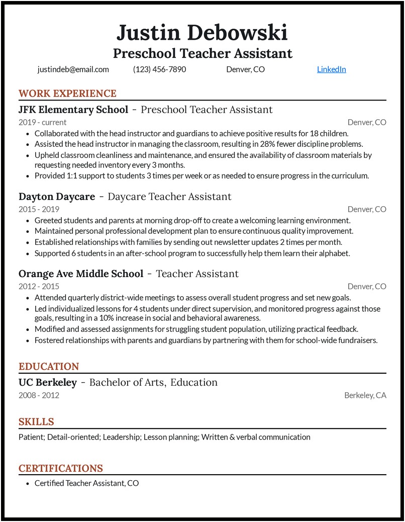 Special Education Teaching Assistant Job Description For Resume