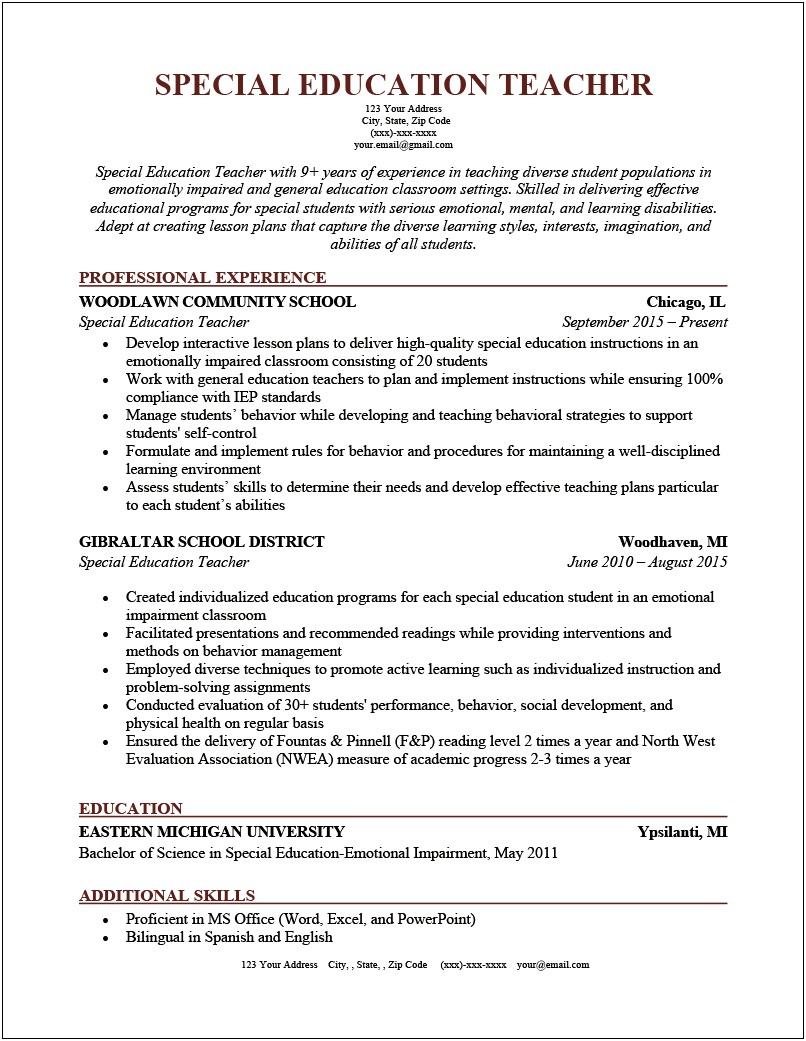 Special Education Teaching Assistant Resume Sample