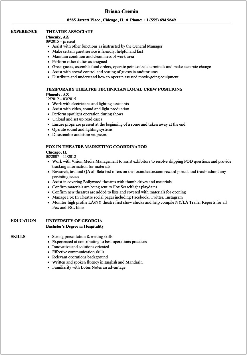 Special Skills For A Theatre Resume