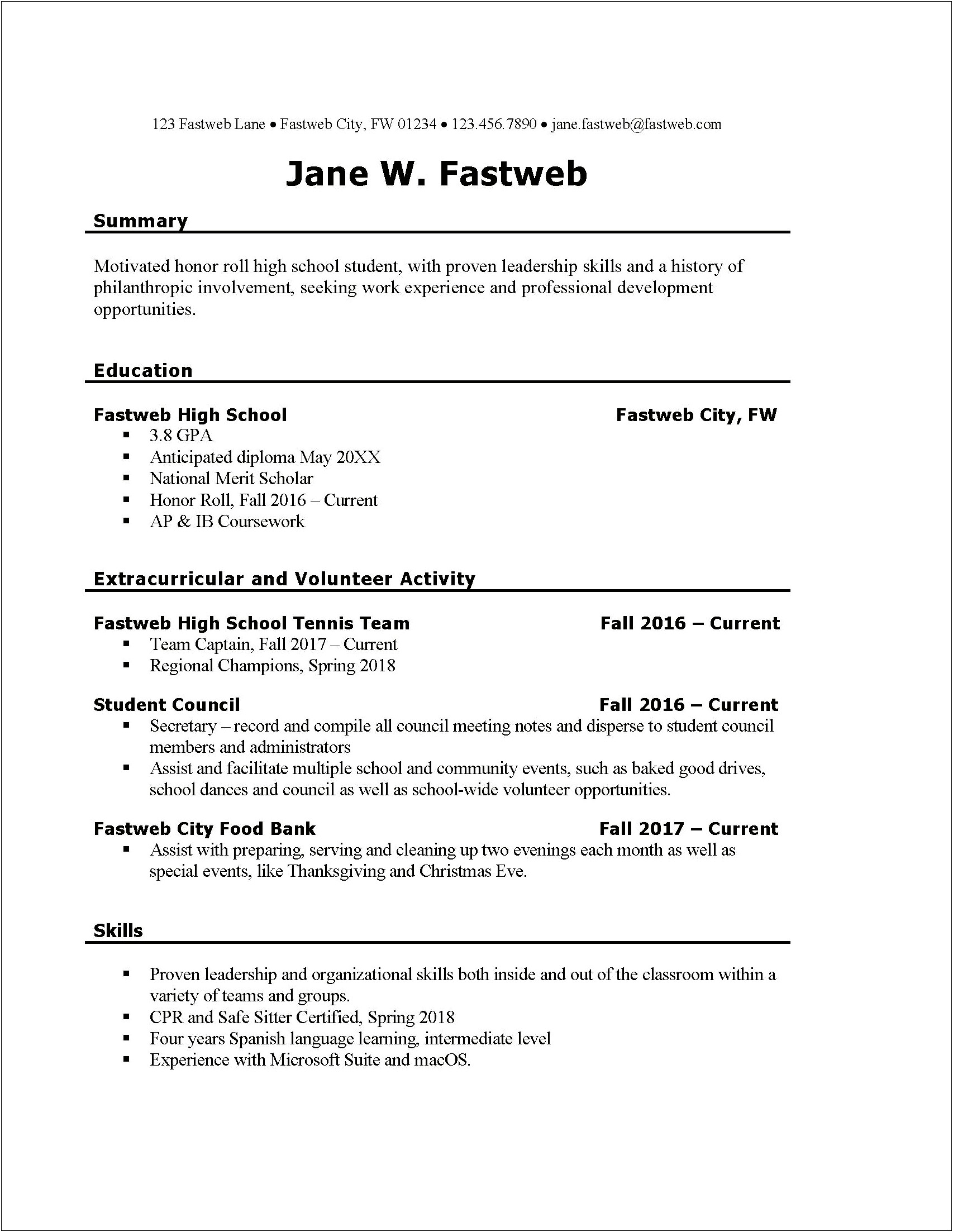 Special Skills For High School Resume