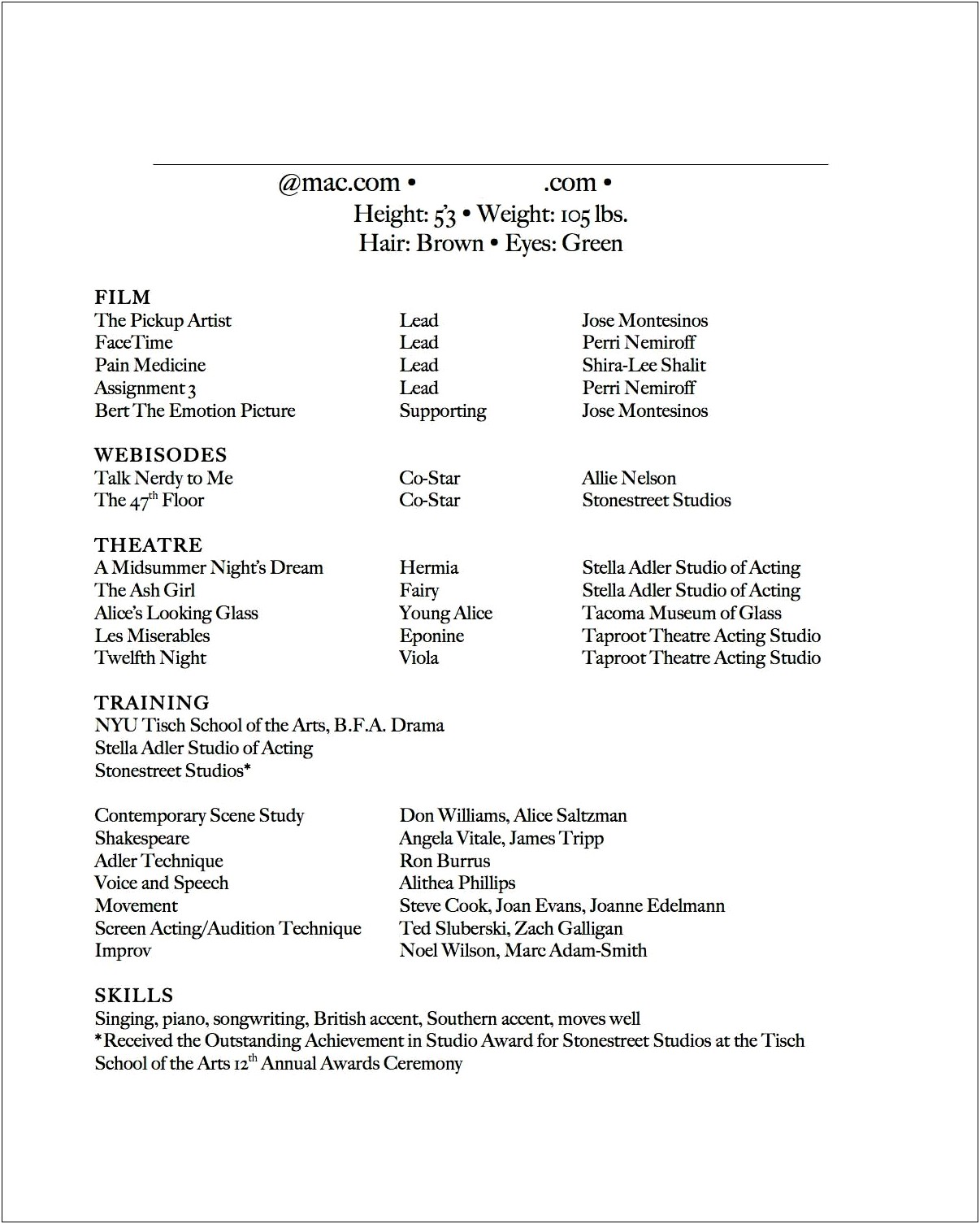 Special Skills For Musical Theatre Resume