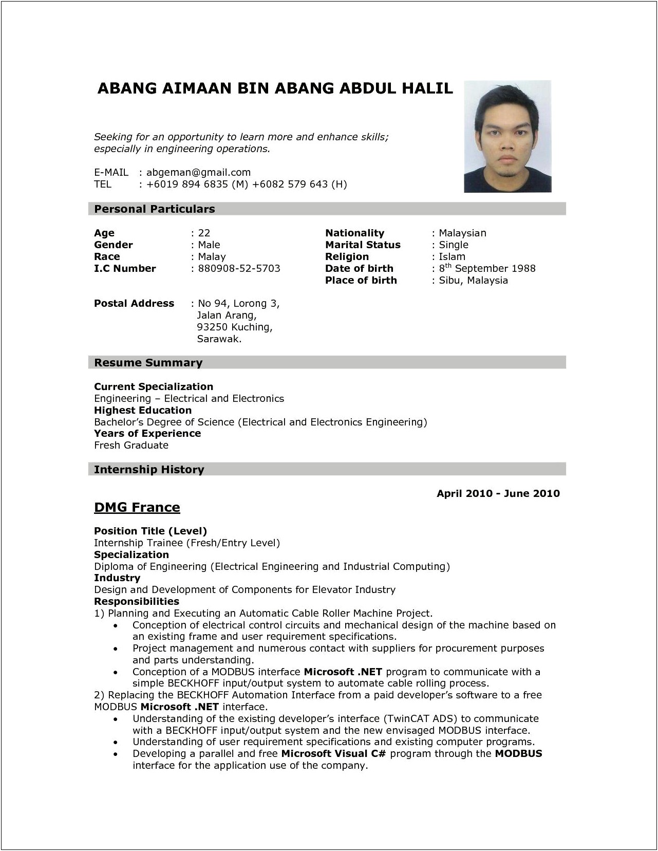 Specimen Of Job Application With Resume