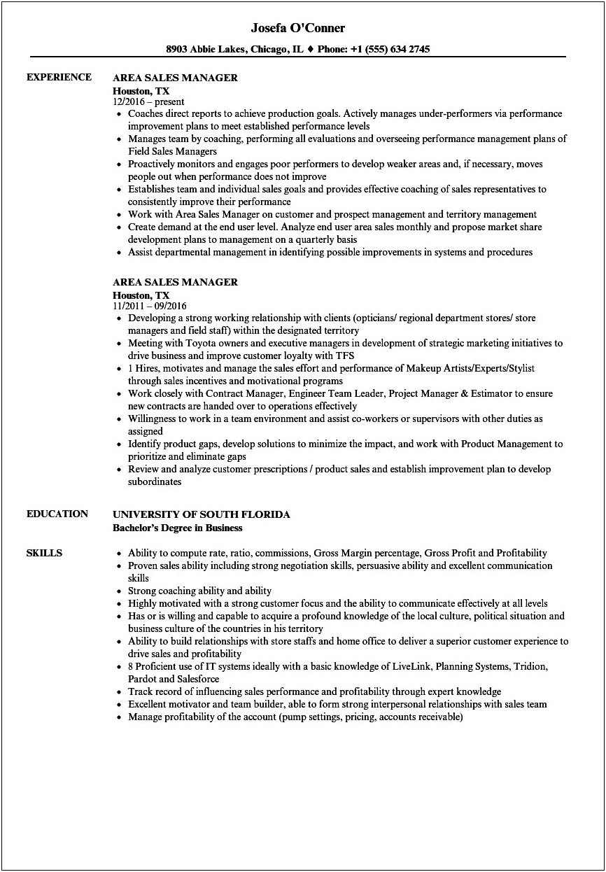 Sports Area Sales Manager Resume Samples