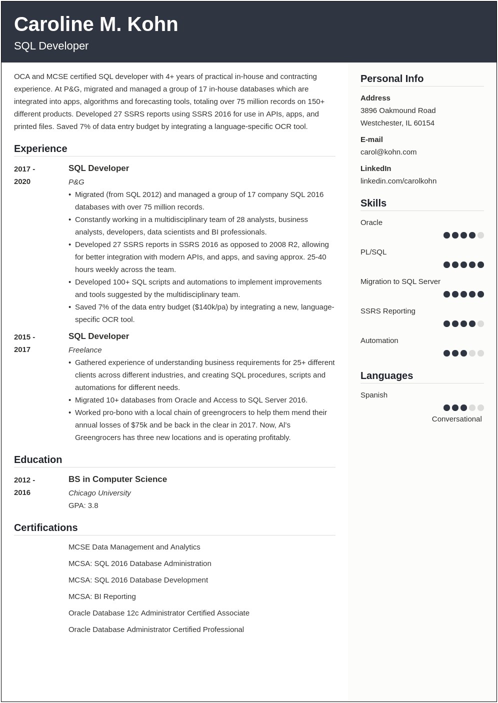 Sql Developer Sample Resume For Experienced