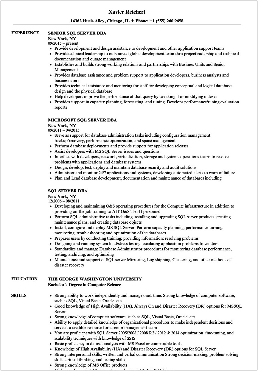 Sql Server 1 Year Experience Resume