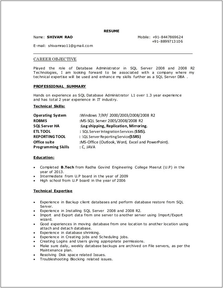 Sql Server Dba Resume With 3 Years Experience