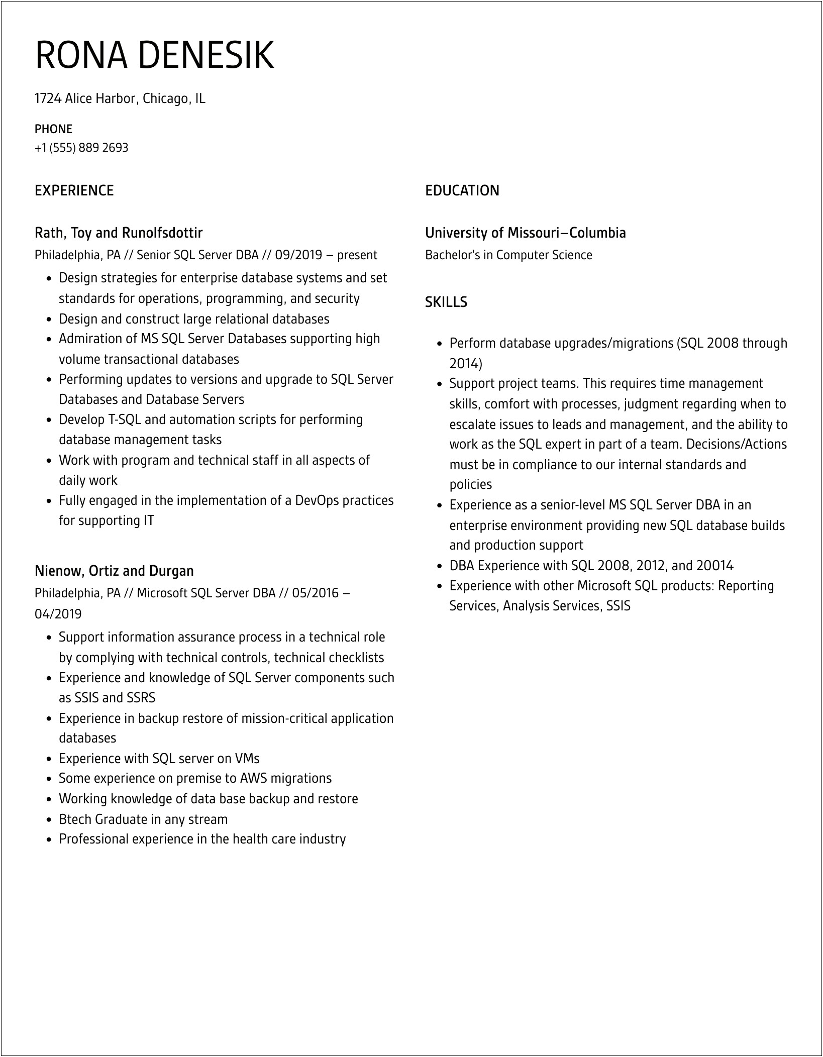 Sql Server Dba Resume With 6 Years Experience
