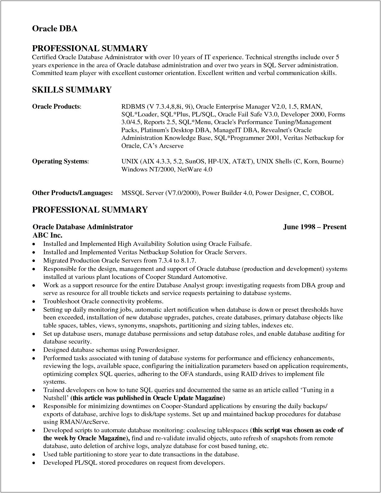Sql Server Dba Resume With 7 Years Experience