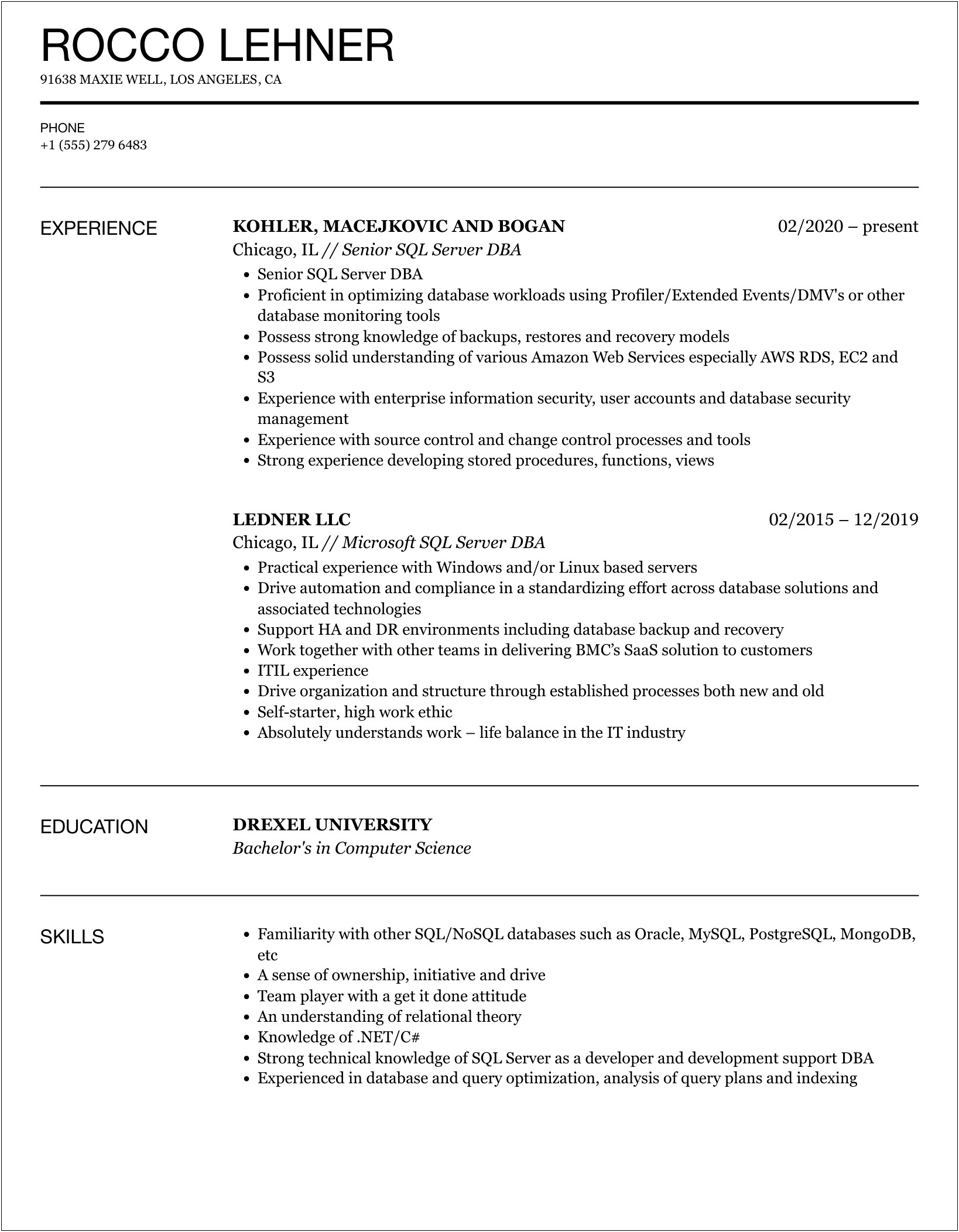 Sql Server Dba Resume With 8 Years Experience