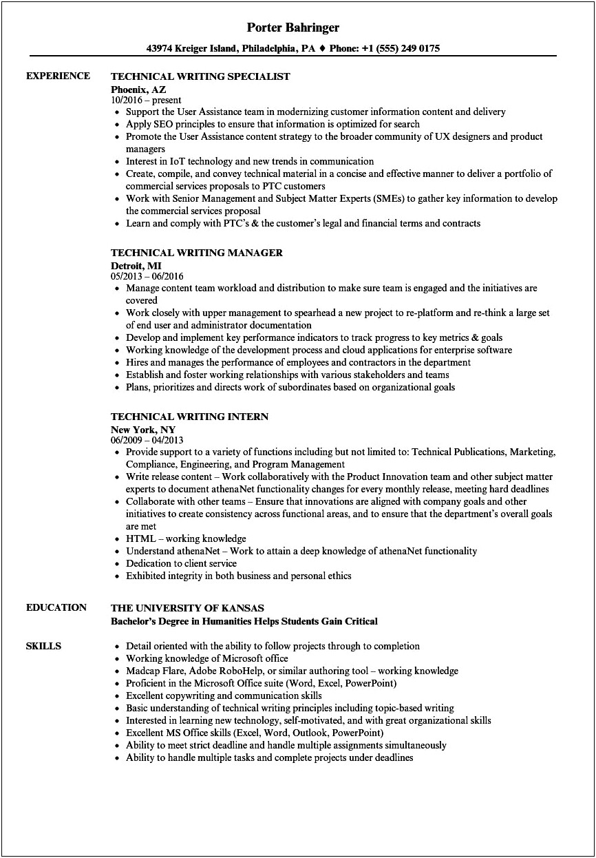 Technical Writer Resume With No Experience