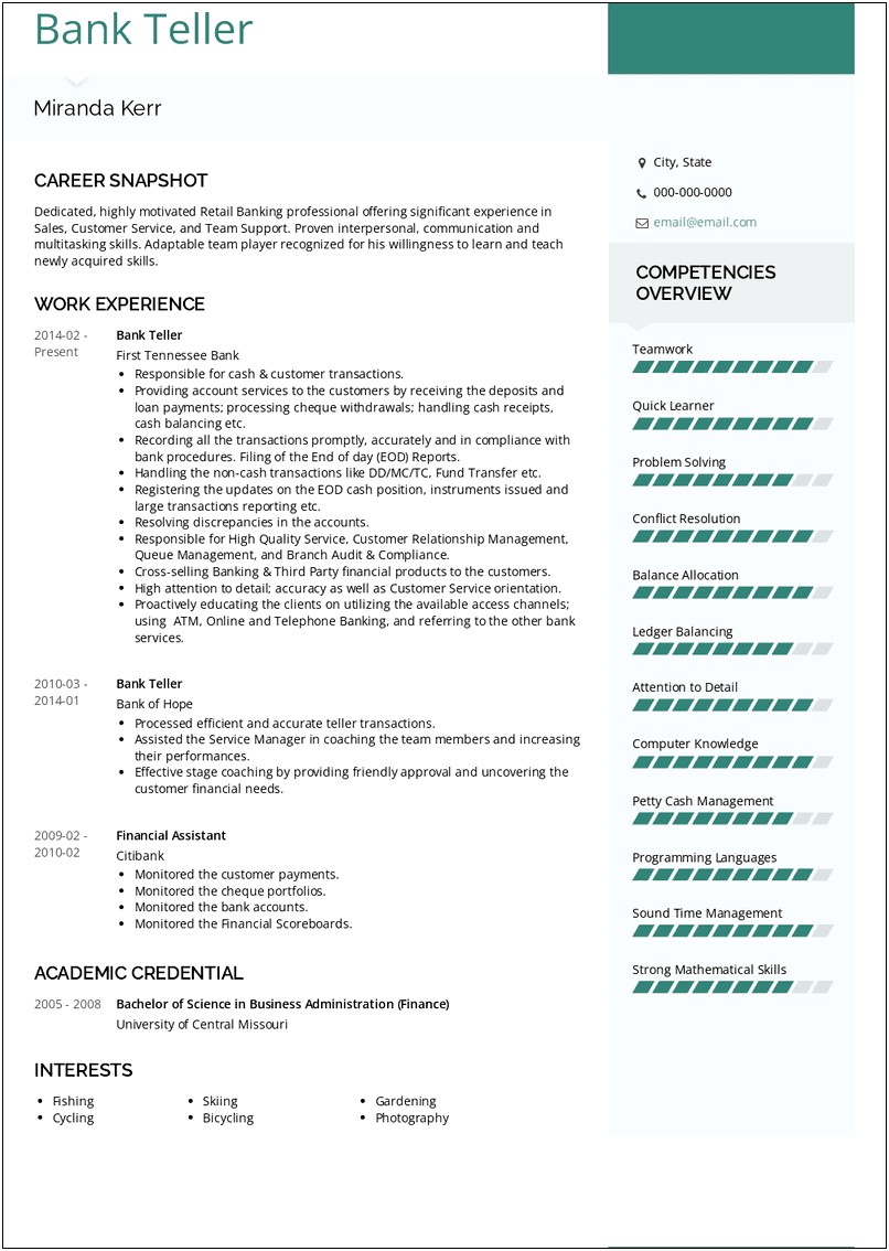 Teller Entry Level Resume Qualification Summary