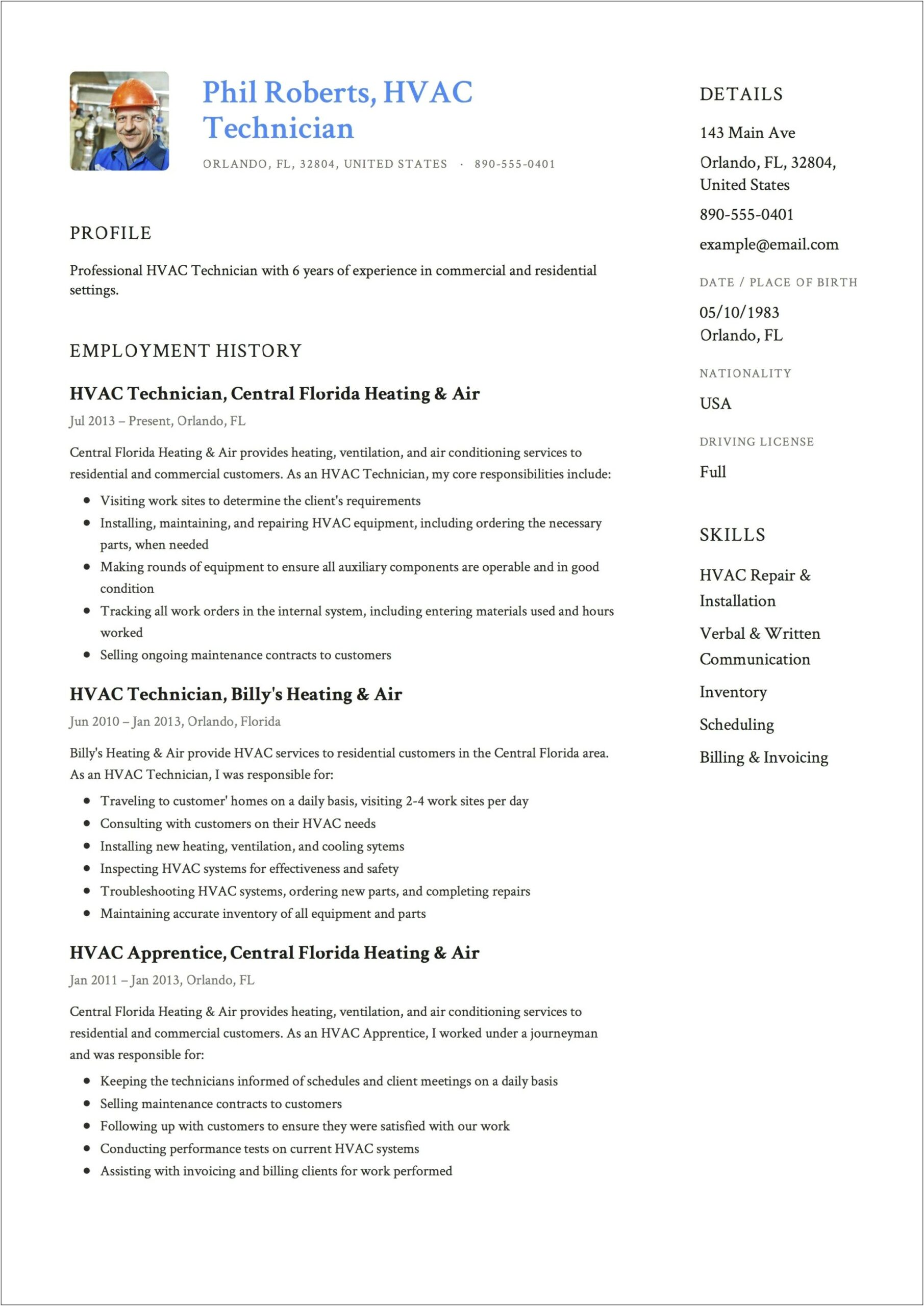 Template For A Professional Hvac Resume