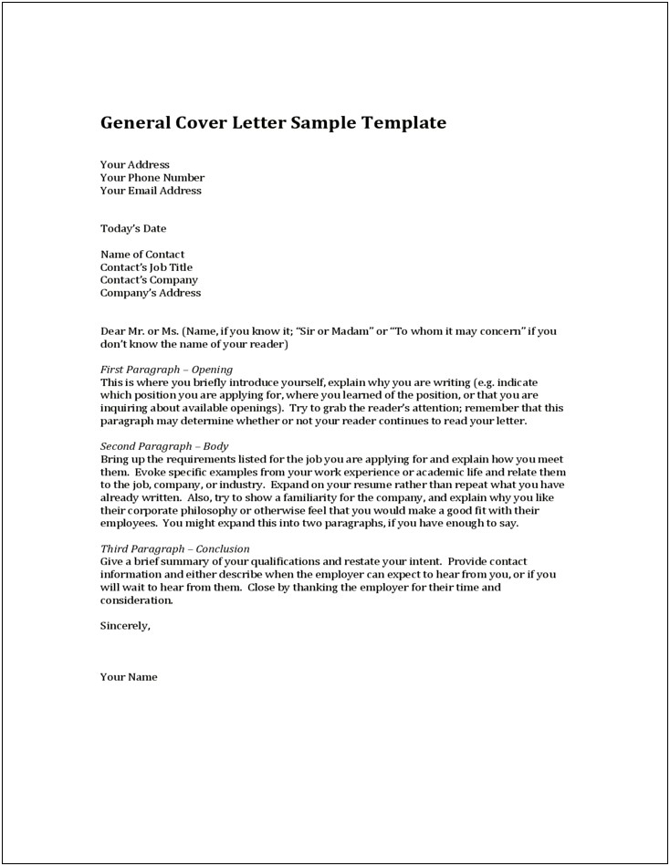 Template For General Cover Letter For Resume